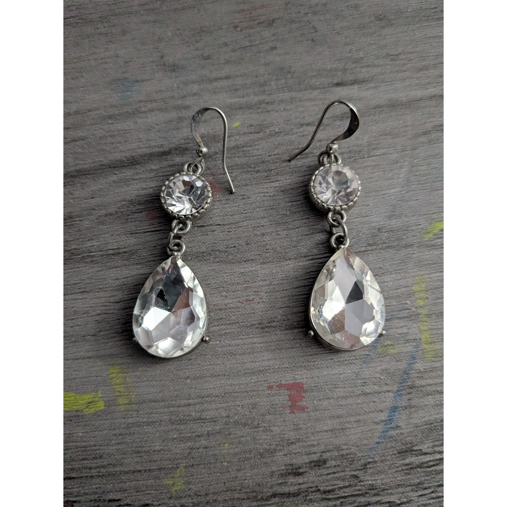 Silver Tone Teardrop Crystal Drop Earrings Round Faceted Dangle Fishhook